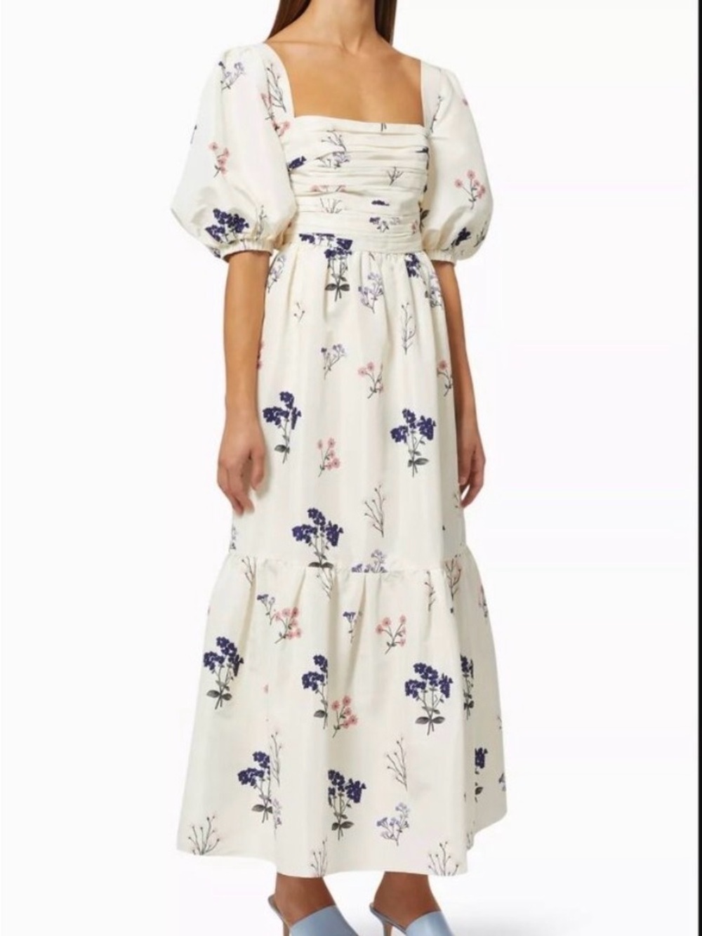 Self-Portrait White Maxi Dress with Blue and Pink Floral Print